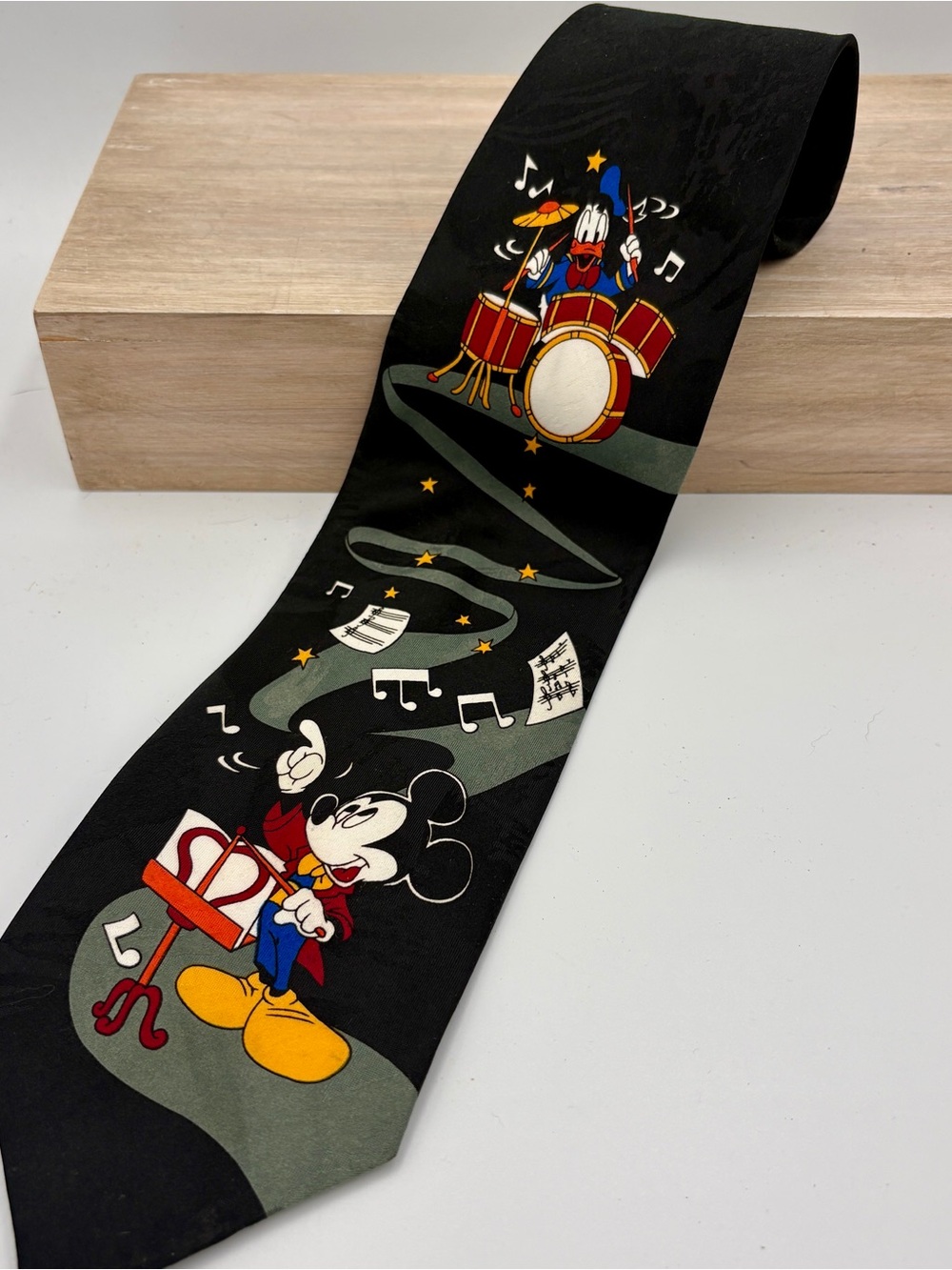 VintageDisney Mickey Mouse & Donald Drum Novelty Tie - Black with Colorful Print